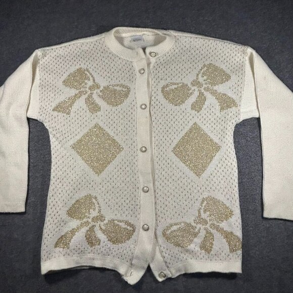 Sweaters - Vintage Cream Metallic Long‎ Sleeve Cardigan Sweater Gold Bow Holiday Pearl